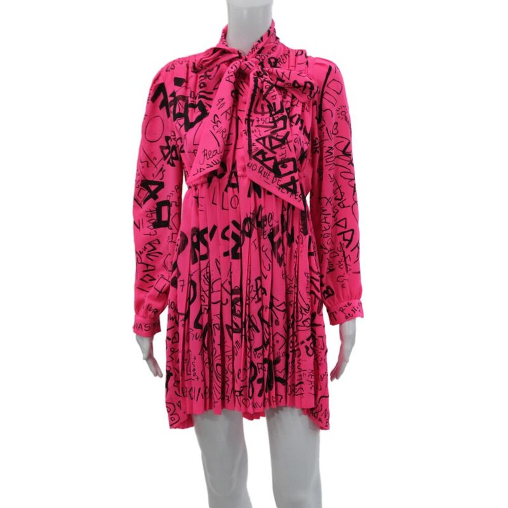 Balenciaga Women Pink Collared Graphic Shirt Dress Long Sleeve Short Size 36